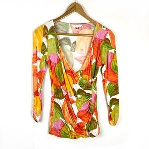 CAbi Multicolor Floral Wrap Blouse in Green, Pink, Orange, Yellow